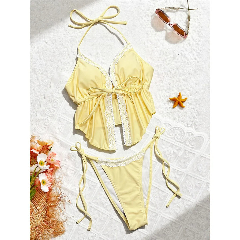 Sexy Lace Halter Tankini High Leg Cut Bikini Women Swimwear Female Swimsuit Two-Pieces Bikini Set Bather Bathing Suit Swim V8157