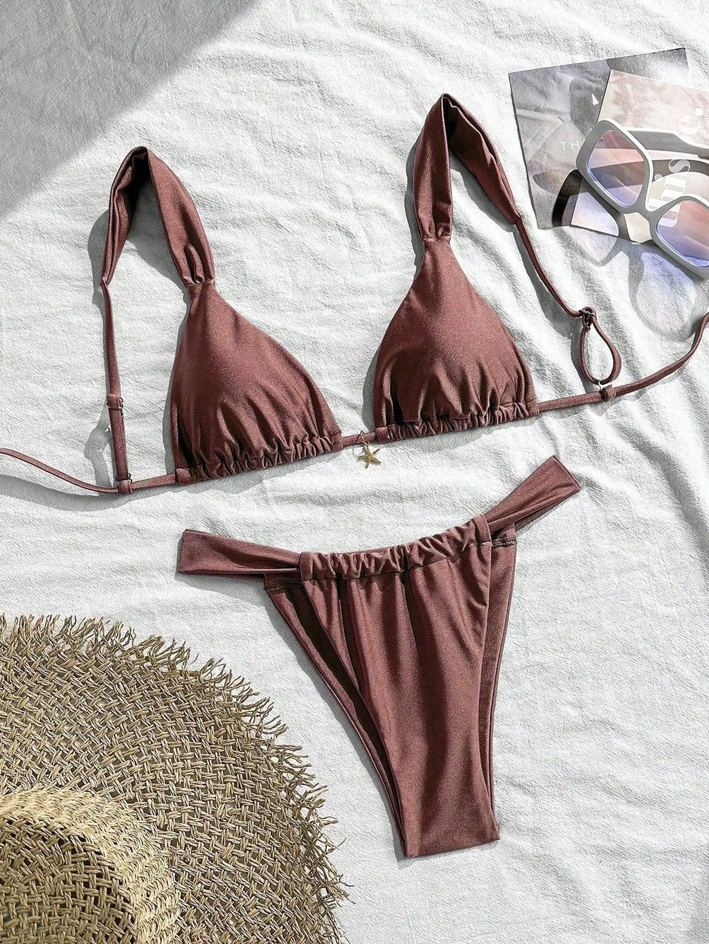Sexy Starfish Ornament Bikini Set 2026 Women Sky Blue Pleate Push Up Bra Pleate Thong Swimwear Beach Bathing Suit Micro Swimsuit