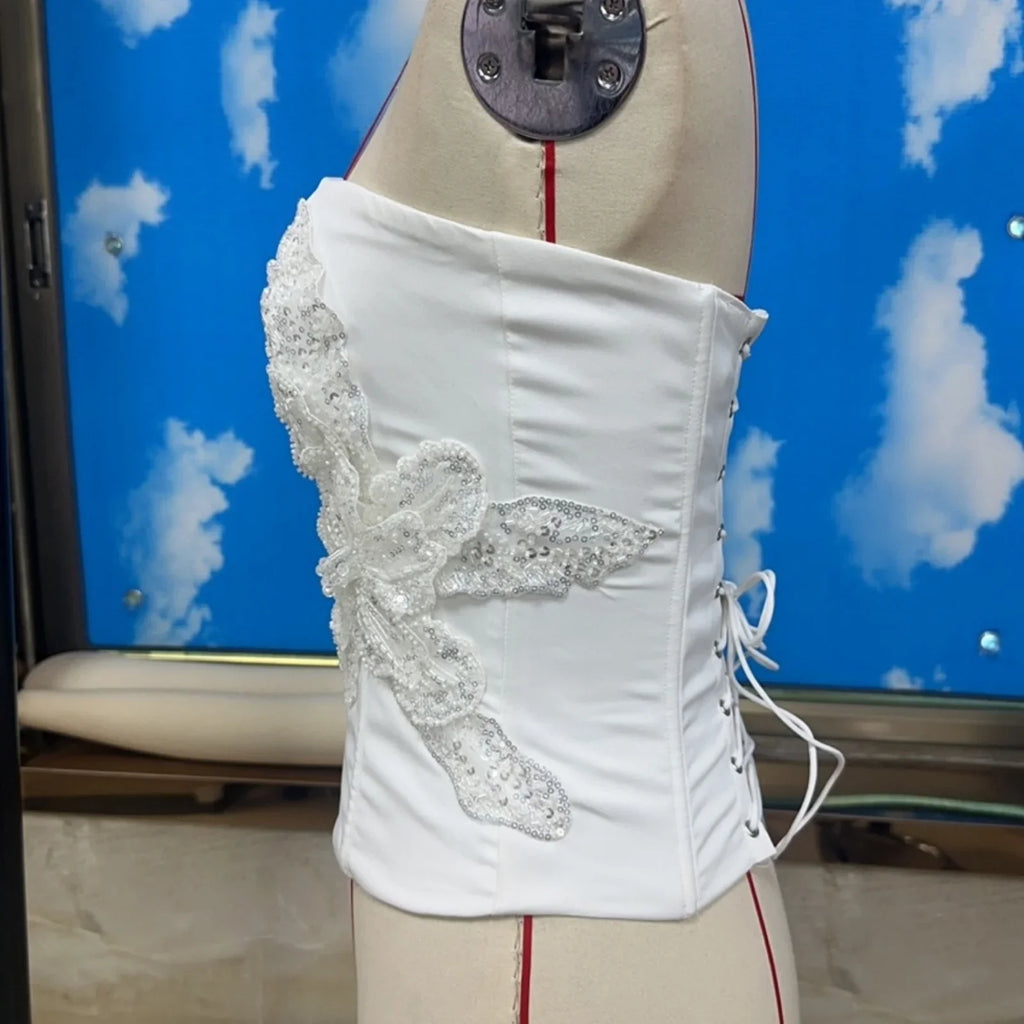 Women Summer Solid Color Back Bandage Crop Tube Tops Sequin Floral Off-Shoulder Bandeau Backless Vest for Streetwear