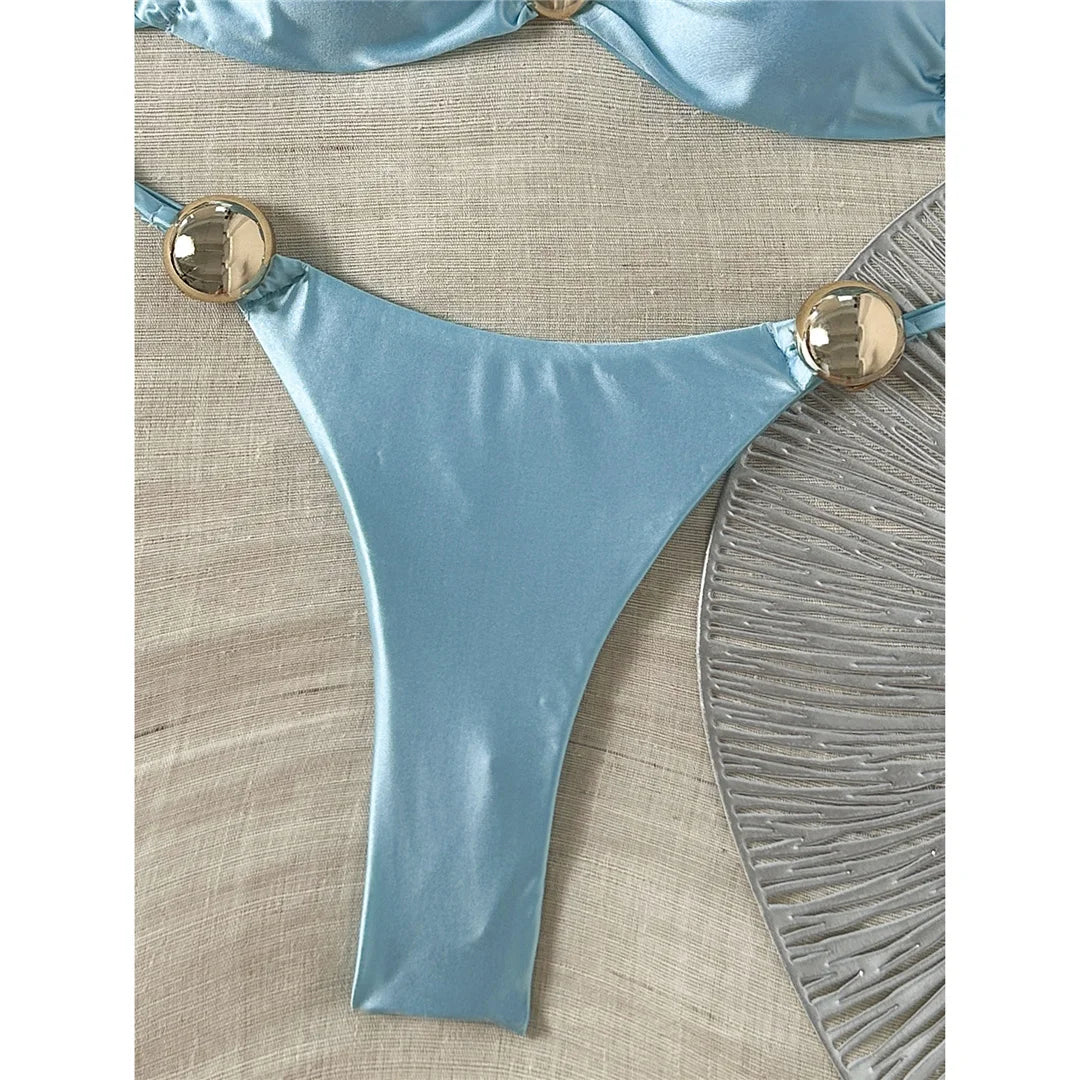 Sexy Metal Ring Bikini Women Swimwear Female Swimsuit Two-Pieces Bikini Set High Cut Leg Padded Bather Bathing Suit Swim V8311