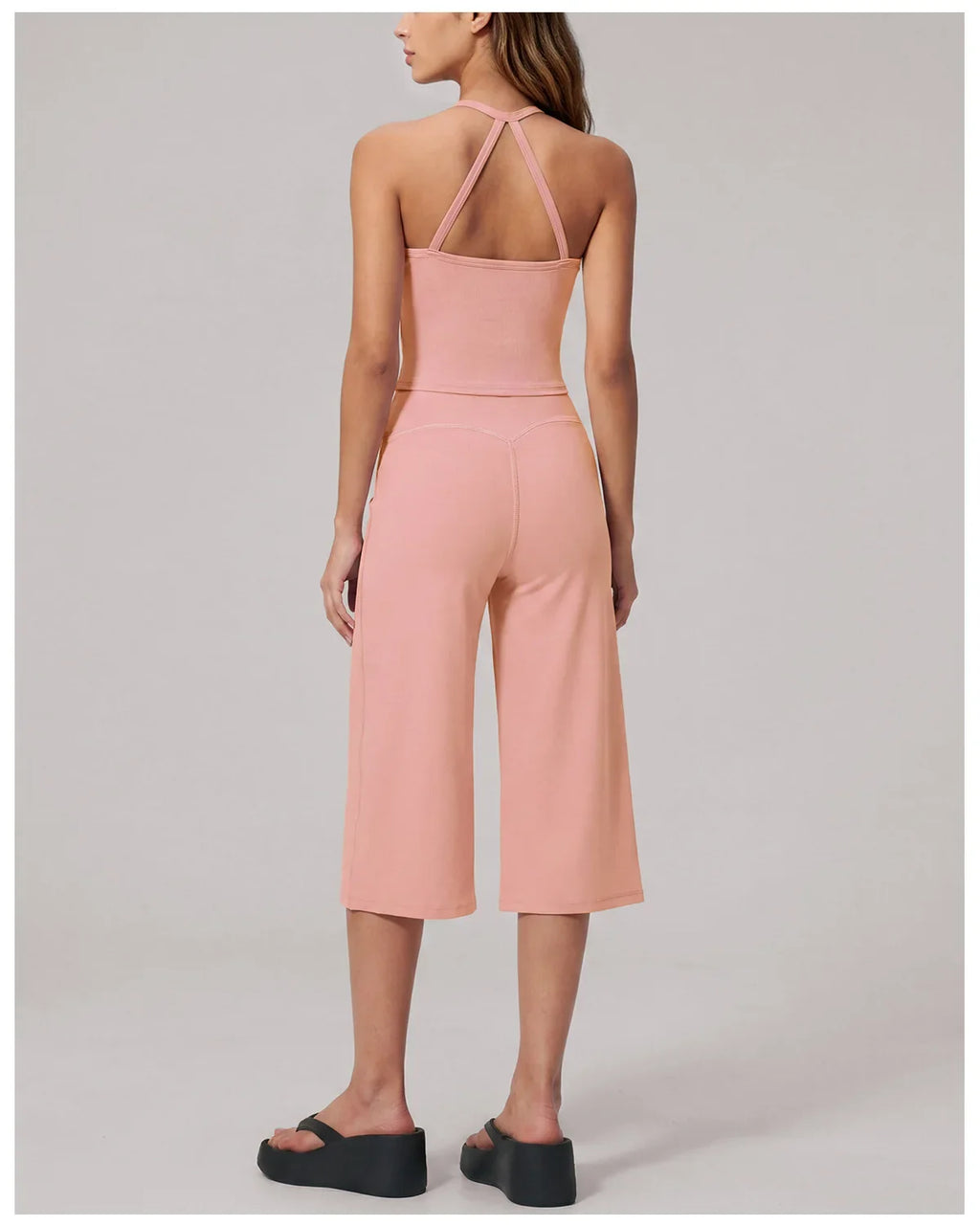 Hanging Neck Camisole Yoga Sets Women Nude Hollow Back Cross Slim Sports Tank Top High Waist Wide Leg Capri Pants Fitness Suits