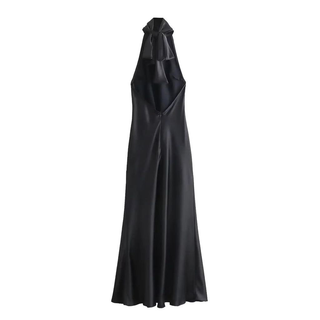 Elegant Solid Color Satin Halter Lace Up Long Dress Sexy Off Shoulder Backless Sleeveless Bodycon Dresses New Lady Party Robe
