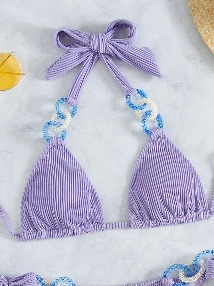 Sexy Halter Rings Ribbed Bikini 2025 Female Swimsuit Women Swimwear Two-pieces Bikini Set Brazilian Bathing Suit Swim Beach Wear