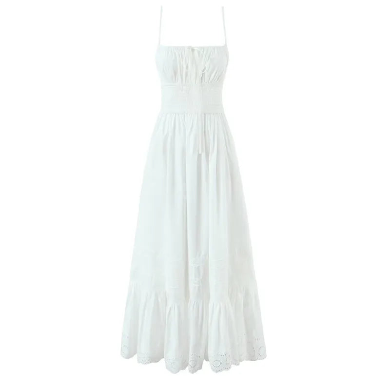 Women's Fashion All-Cotton Strap Long Dress Women's Satin Dress Lace Trim Elegant Evening Wear Dress For Woman Sleeveless GNTG