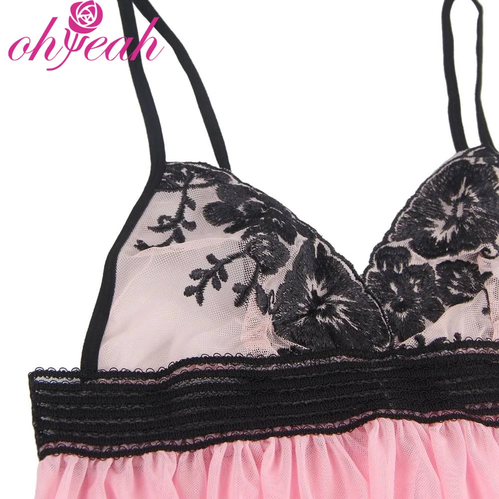 Pink Embroidery Lace Babydoll Nightdress for Women Sheer Mesh V Neck Sleepwear Plus Size With Thong