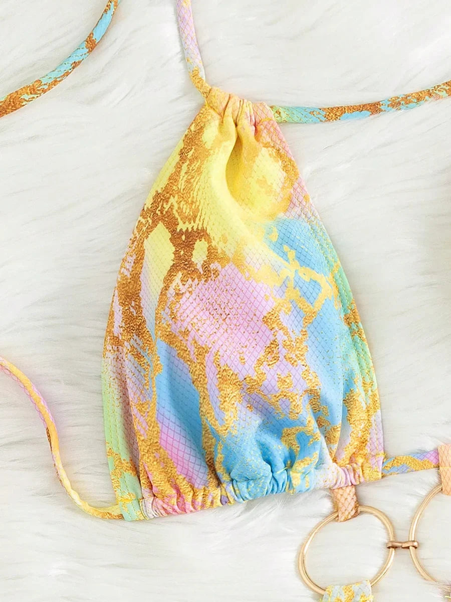 Snake Skin Halter Hollow Out Metal Rings Female Swimwear One Piece Swimsuit Women Monokini High Leg Cut Bather Bathing Suit Swim