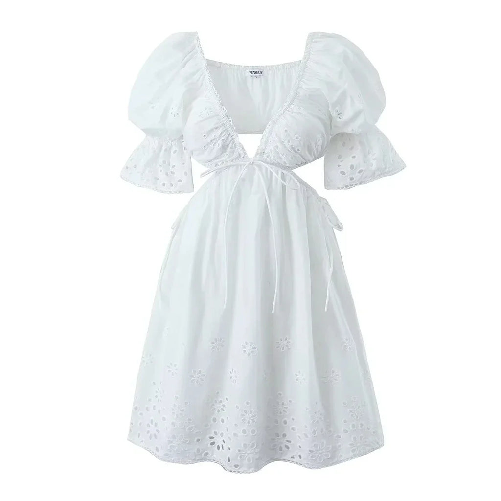 Foridol Lace Summer White Dress Women Puff Sleeve Embriodery Waist Cut Out Beach Short Sexy Cotton Dress Backless 2025 Sundress