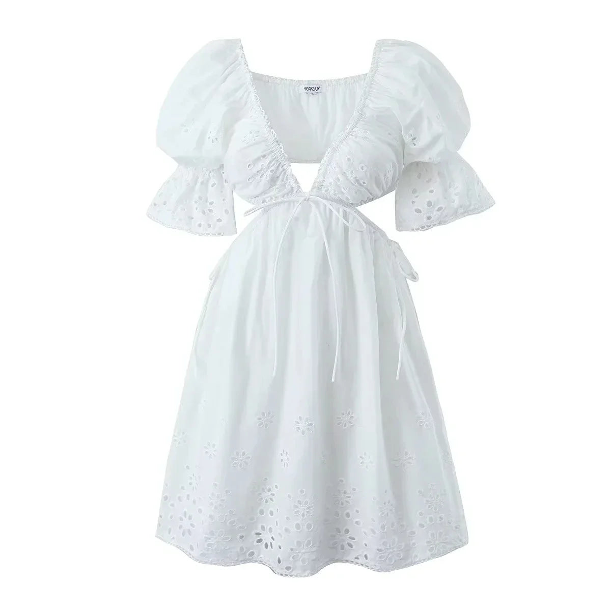 Foridol Lace Summer White Dress Women Puff Sleeve Embriodery Waist Cut Out Beach Short Sexy Cotton Dress Backless 2025 Sundress