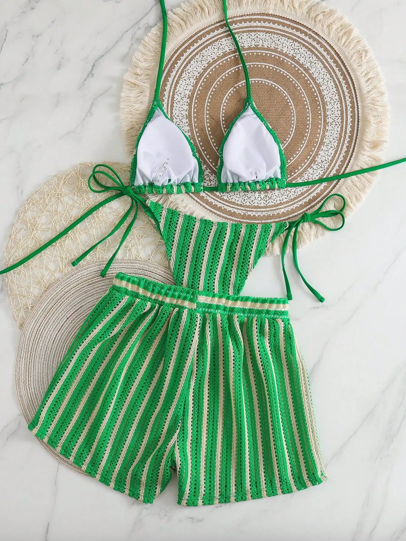 3PCS With Shorts Stripe Halter Fishnet Bikini Women Swimwear Female Swimsuit Three-pieces Bikini Set Bathing Suit Swim Beachwear