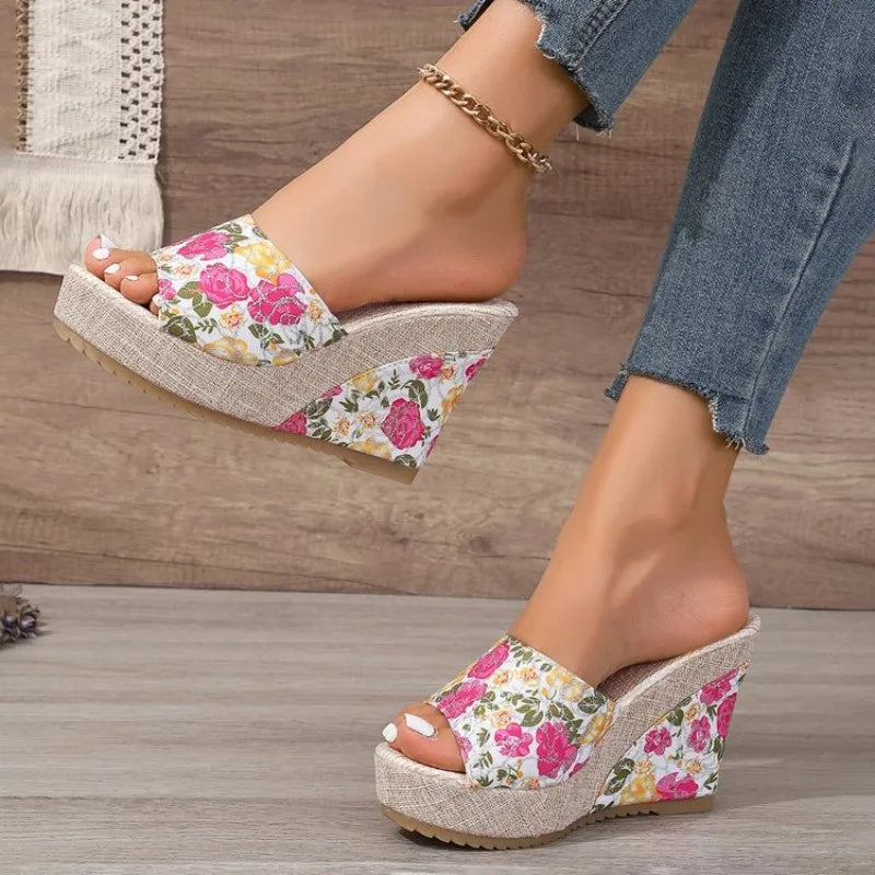 2026 New Women Shoes Fashion Shoes Casual Flip Flops Summer  Print Peep Toe Wedge Slippers