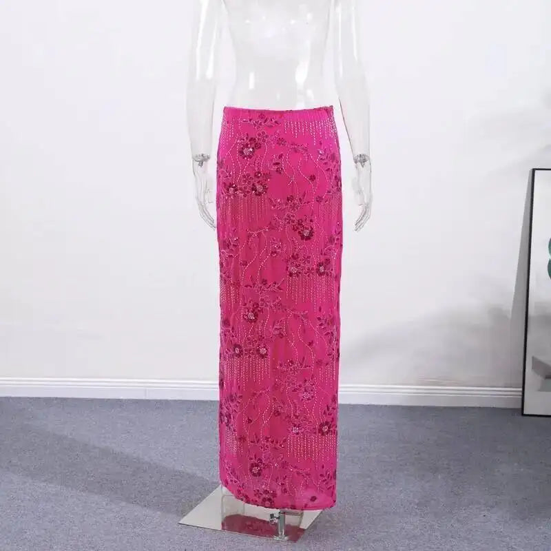 Sexy Beading Sequined Long Skirt Women Solid Low Waist Slim Straight Skirts Female Summer Lady Chic Beach Vacation Clothes JO6M