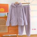 Korean New Women Warm Coral Fleece Pajamas Set Autumn Winter Sleepwear 2 Pieces Home Suit Casual Hooded Pajamas Night Wear