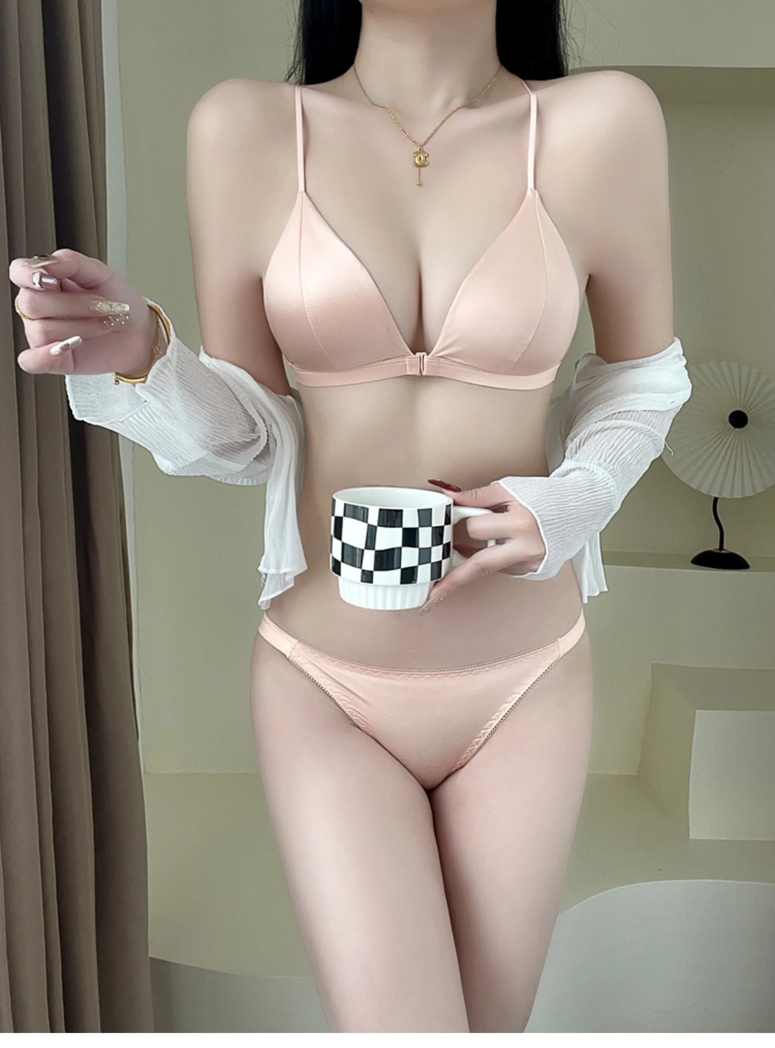 Summer French Triangle Bra Small Bust Beachwear Light Support Front Buckle Adjustable Straps Ultra Thin Bikini Set AU MOYISU AB
