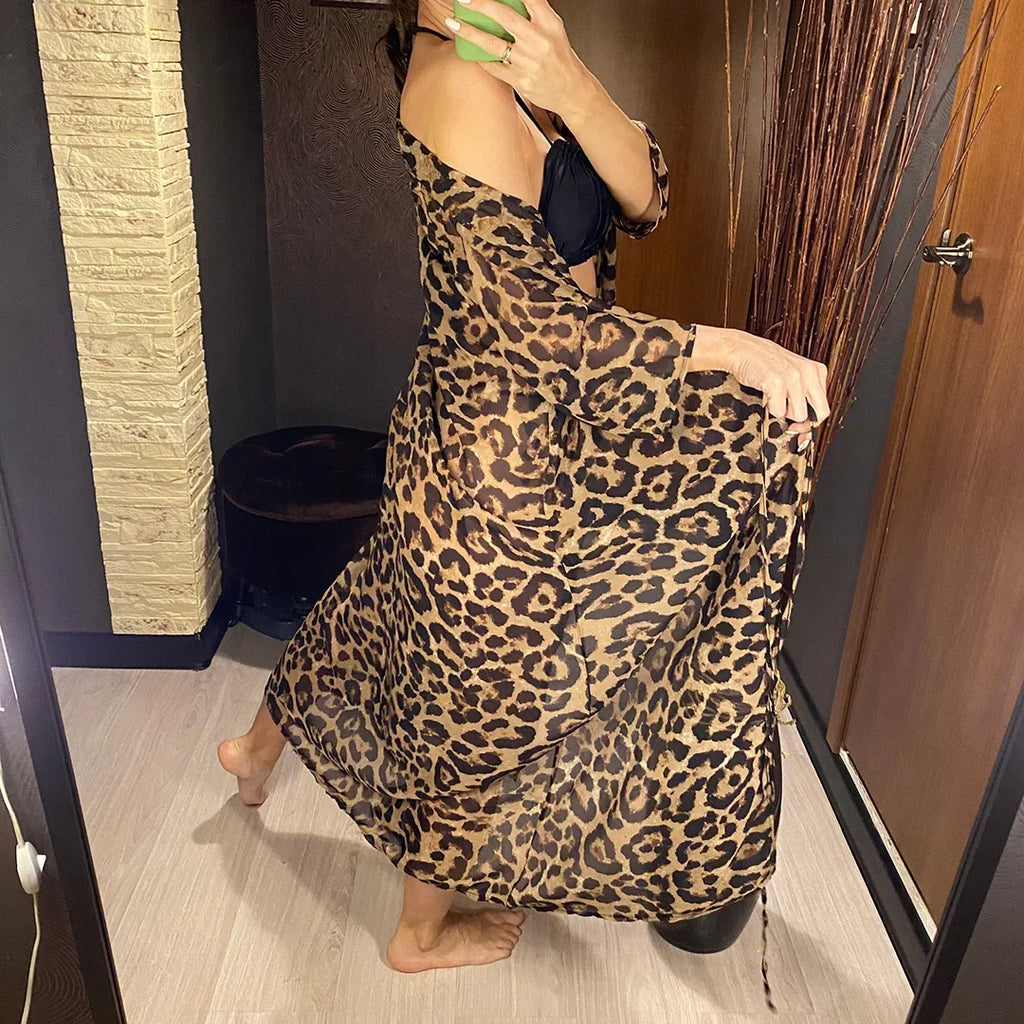 New Sexy Leopard Printed Beach Cover Up Chiffon Cover-ups Swimwear Beach Wear Summer Beachwear Female Women Long Dress V3219
