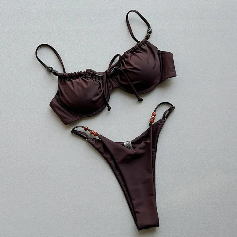 Sexy Coffee Bikini Set Women Front Tie Pleate Push Up Underwire Bra Beaded String Thong Swimsuit 2026 Bathing Suit Pool Swimwear