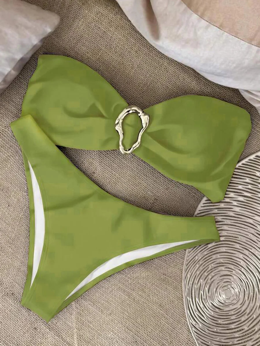 XS - L Metal Ring Bandeau Bikini Women Swimwear Female Swimsuit Two-pieces Bikini set Brazilian High Cut Bathing Suit Swim Lady