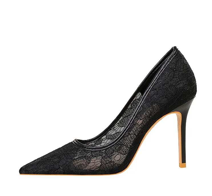 NASBAVI Sexy Lace High Heels Net Gauze Thin Heel Pointed Toe Slimming Nightclub Style Low Heel Single Shoes 41 42 43