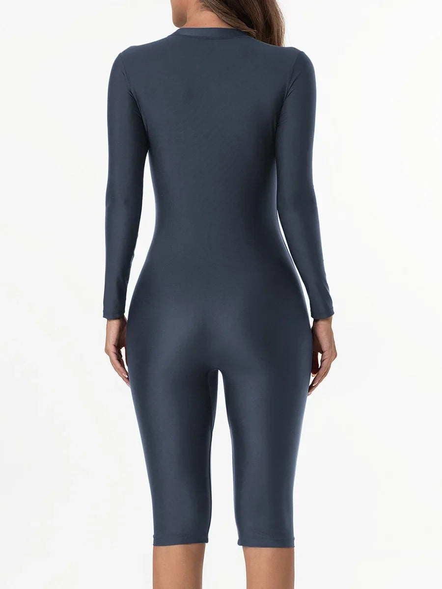 2026 Zipper Slim One Piece Swimsuit Women Long Sleeve & Knee Swimwear Female Bather Bathing Swimming Swim Surf Suit Beachwear