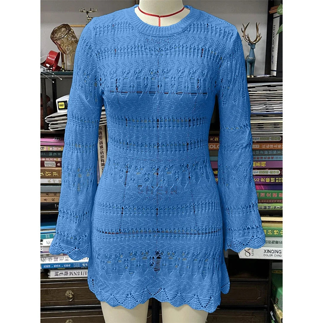 S - XL Long Sleeve Hollow Out Crochet Knitted Tunic Beach Cover Up Cover-ups Beach Dress Beach Wear Beachwear Female Women K5542