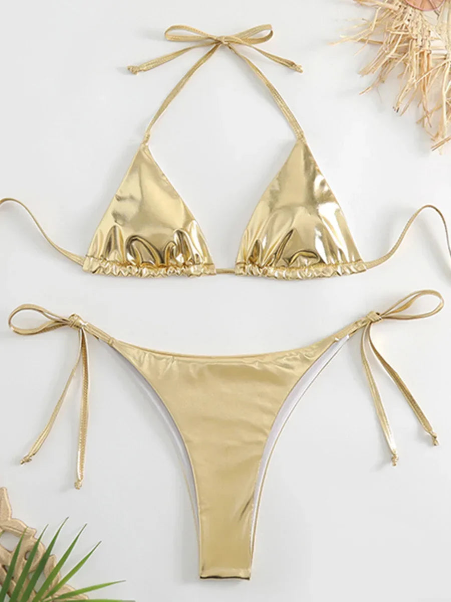 Sexy Shiny Pu Faux Leather Bikini 2025 Women Swimwear Female Swimsuit Two-pieces Bikini set String Bather Bathing Suit Swim Lady