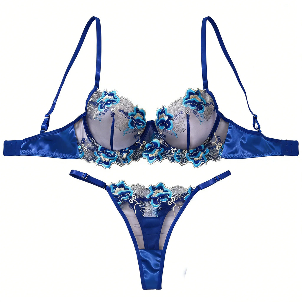 New Women's Vintage Embroidered Floral Lingerie Set with Steel Ring Push-Up Breathable Sexy Intimate Bra Set Close-Fitting