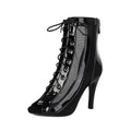 Plus Size Women Patent Leather Mesh Spliced Ankle Boots Back Zipper Peep Toe Lace Up Stiletto High Heels Hollow Out Summer Booti