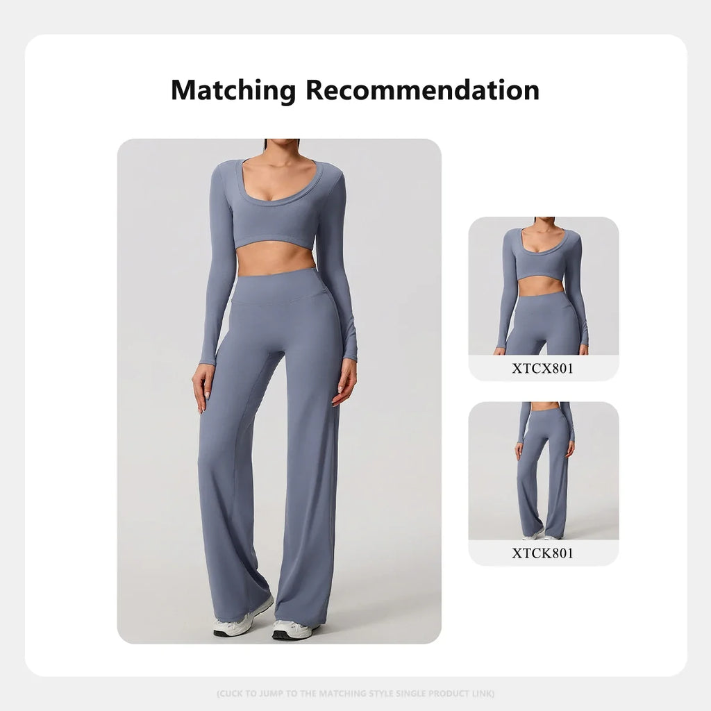 Hearuisavy Sports Set 2Pcs Women's  Long Sleeve Backless Fitted Fitness Top Push Up Pilates Yoga Top Wide Leg Straight Leg Pants