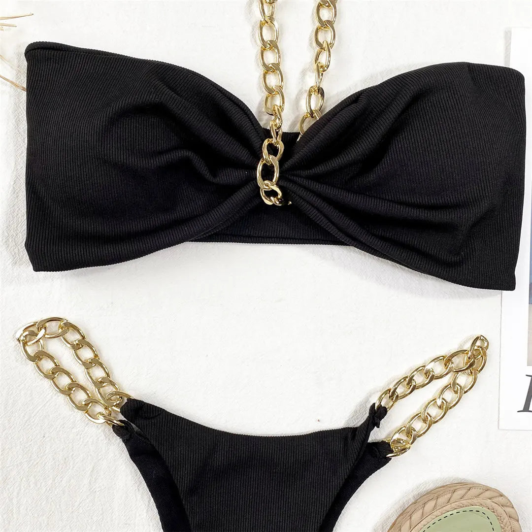 Women Swimwear Metal Chain Halter Ribbed Bikini Female Swimsuit Two-Pieces Bikini Set High Cut Bather Bathing Suit Swim V2989