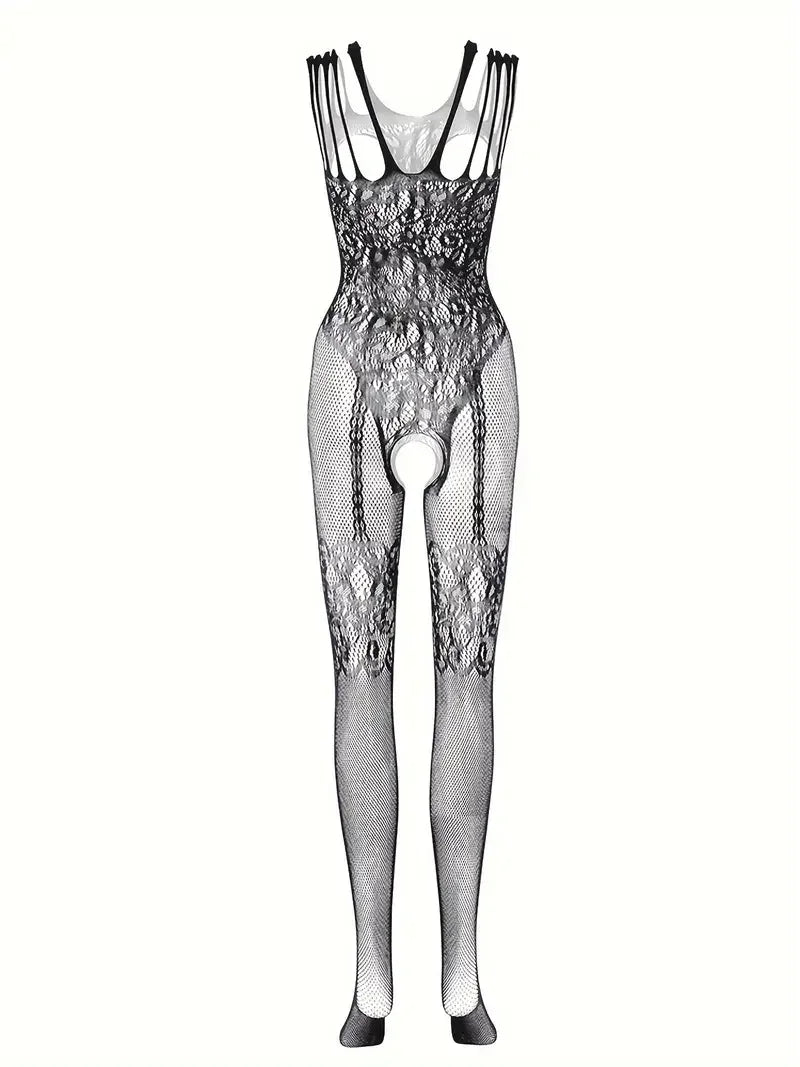 Sheer Floral Jacquard Fishnet Bodysuit - High Stretch, Open Chest, Women's Sexy Lingerie Crotchless Bodystockings Erotic Outfits