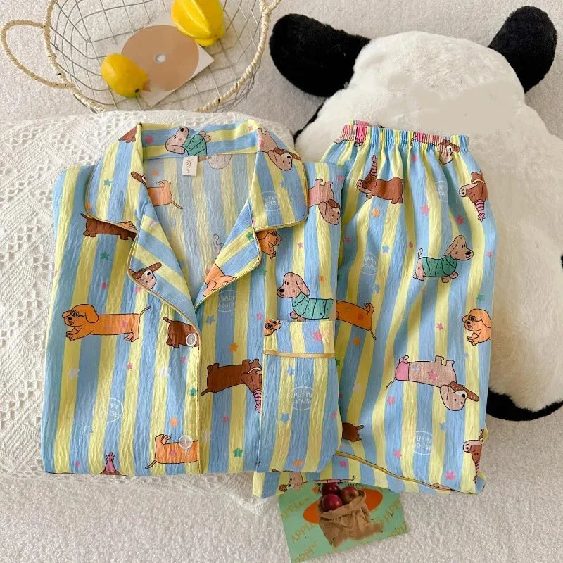 Star Striped Dog Print Kawaii Pajamas for Women Y2K Fashion Lapel Neck Women's Pajamas Summer New Sweet Cute Home Wear Woman