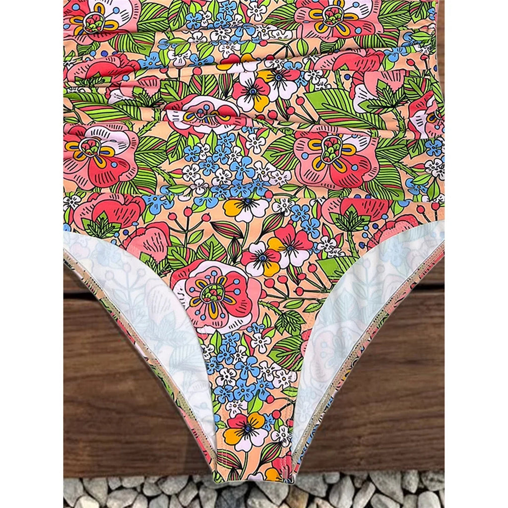 S - XL 2026 Flower Printed Floral V Neck Women Swimwear One Piece Swimsuit Female Halter Monokini Bather Bathing Suit Swim V8221
