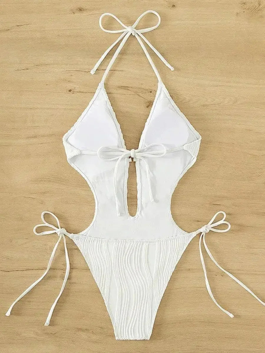 S - XXL Halter V Neck Wrinkled Female Swimwear One Piece Swimsuit Women Backless Monokini High Cut Bathing Suit Swim Beach Wear