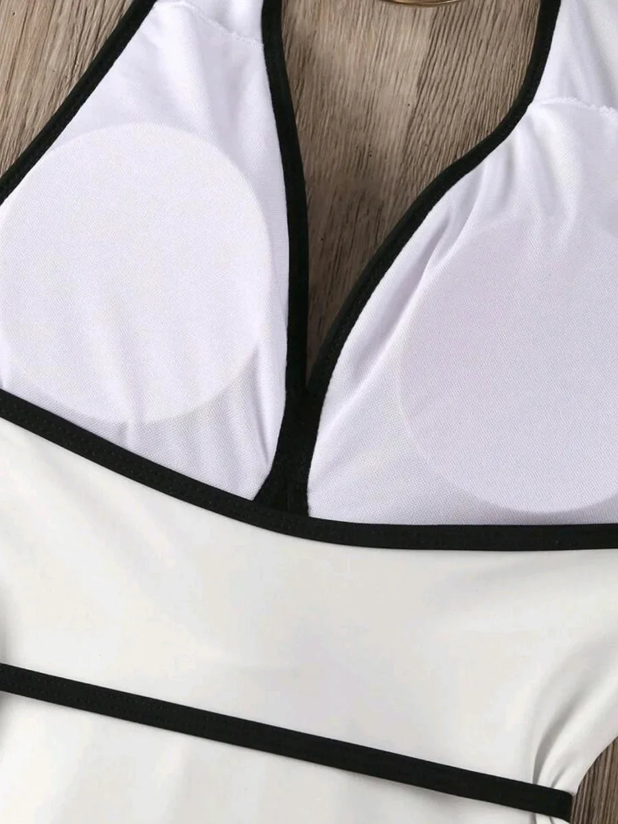 3D Flower Belt V Neck Splicing Halter Slim Women Swimwear One Piece Swimsuit Female Backless Monokini Bather Bathing Suit Swim