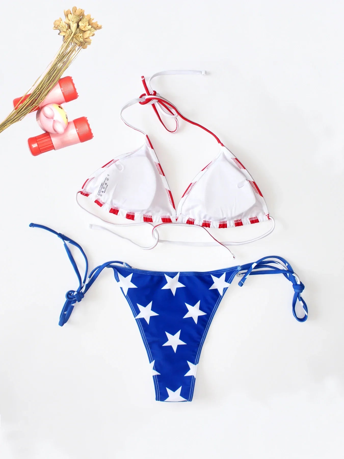 2025 New Women's Summer Beach Bikini Set American Flag Print Halter Strap Sexy Strapless Swimsuit for Beach Vacation Color Block