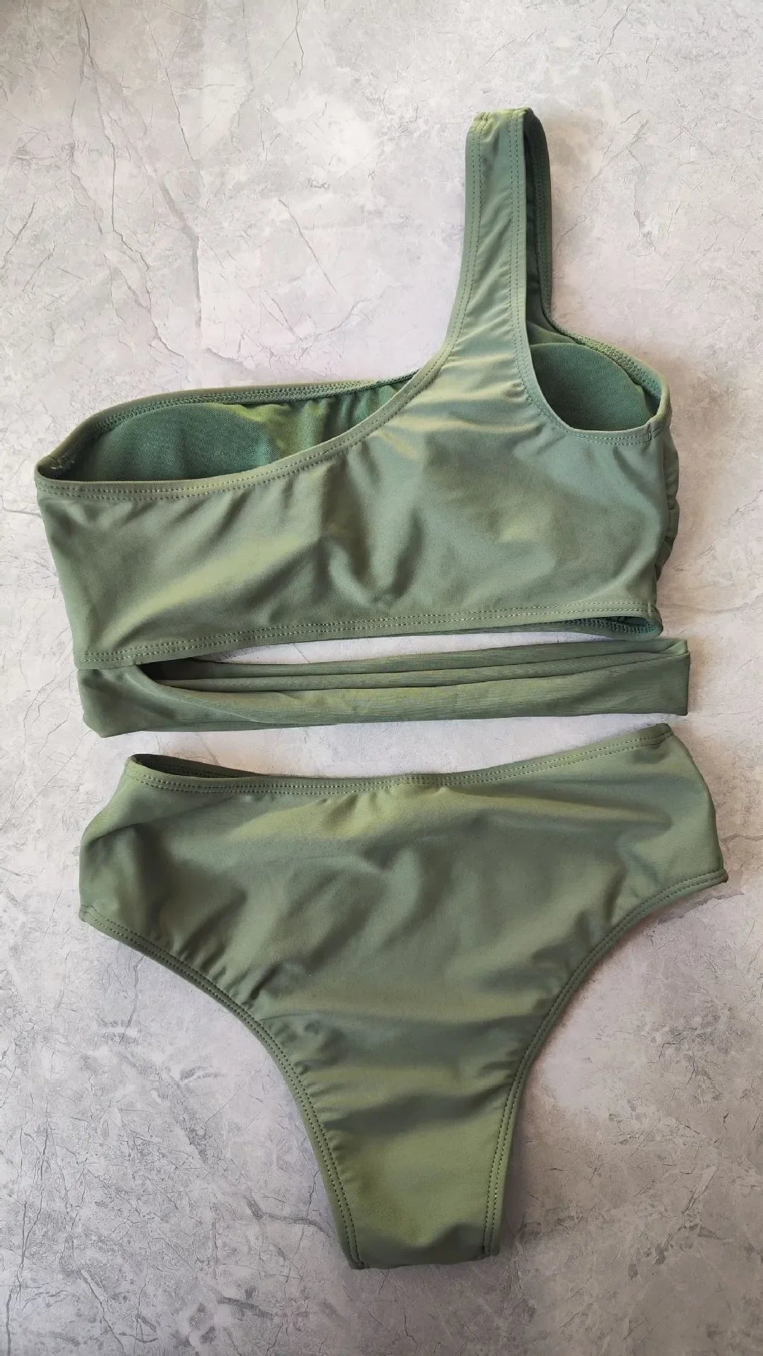Woman 2026 Bikini One Shoulder Top Olive Green Bikinis High Waist Brief Side Cut Out Swimwear Solid Cropped Top Two Piece