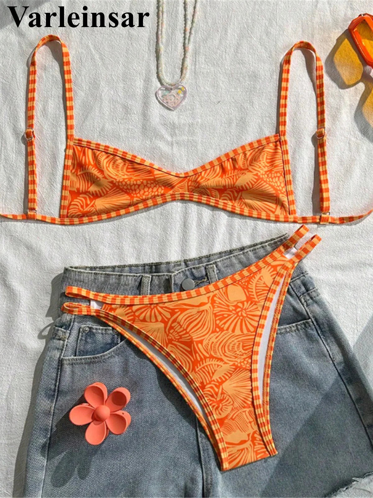S - XL Printed Bikini Female Swimsuit Women Swimwear Two-Pieces Bikini Set High Cut Leg Brazilian Bather Bathing Suit Swim V8148