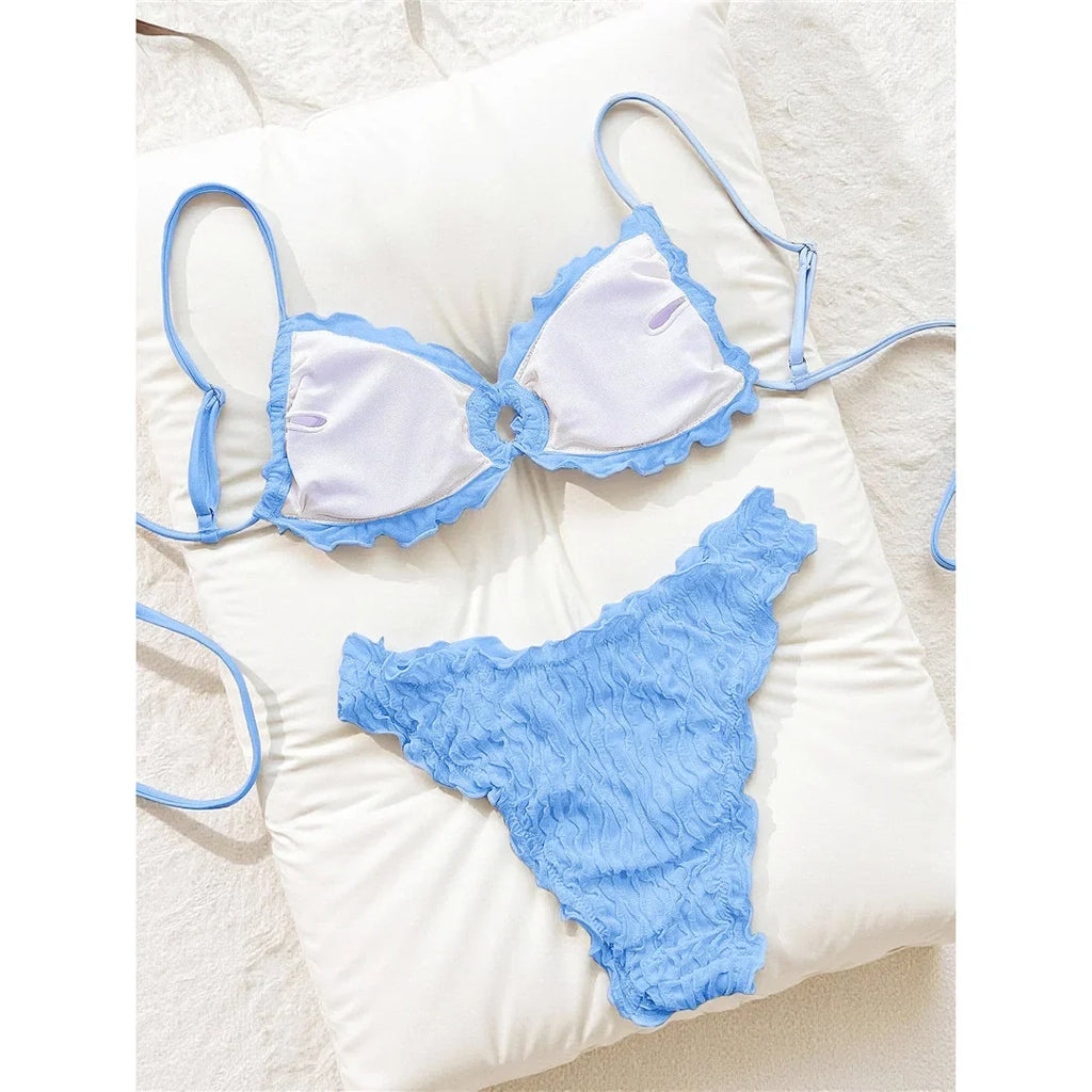 Wrinkled Crinkled Frilled Bikini Female Swimsuit Women Swimwear Two-pieces Bikini set Brazilian Bather Bathing Suit Swim V8053