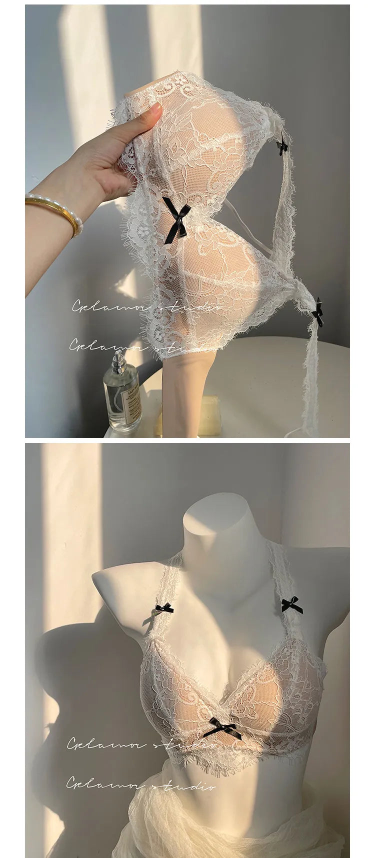 Elegant French Halter Neck Bra Set, Lace Wireless Bralette for Small Bust, Push Up Sensual Underwear Bralette & Panty MOYISU Bra