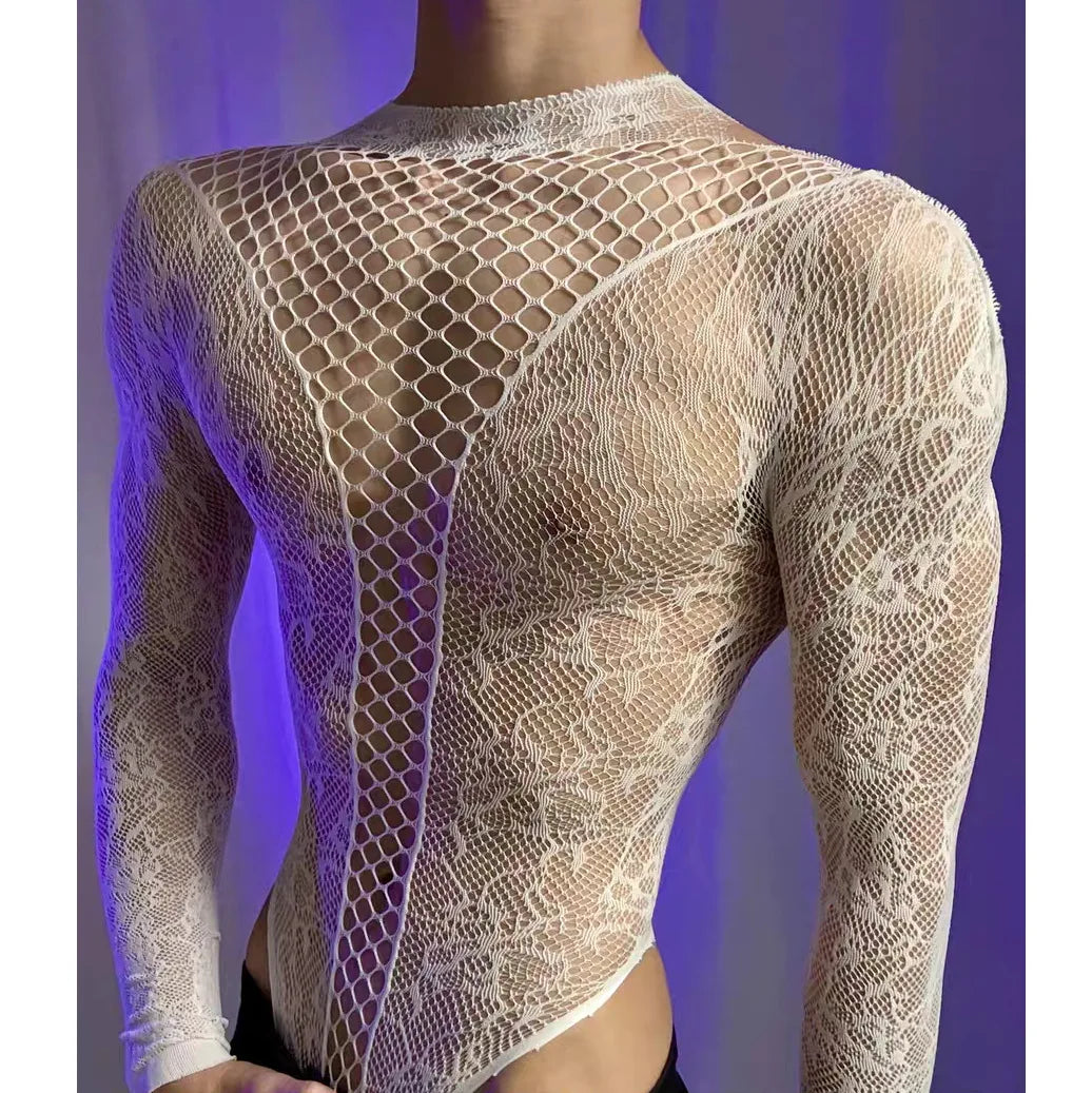 New American Style Fashion Men Vests Tops Crew Neck Sexy Hollow  Mesh Bodysuit Casual  Long Sleeve Tank Clubwear Party Costume
