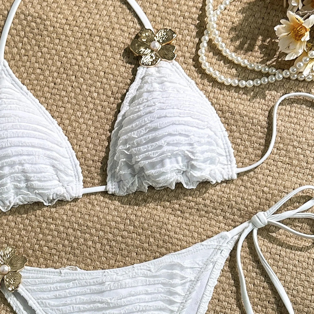 Sexy White Yellow Micro Bikini 2026 Women Metal Flower Push Up Bra Bandage Triangle Swimsuit Beach Bathing Suit Holiday Swimwear