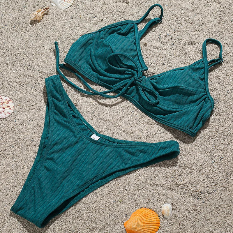 Ribbed Underwired V-Bar Bikini 2026 Women Swimsuit Female Swimwear Two Pieces Bikini Set Knotted Push Up Bathing Suit Swim Lady