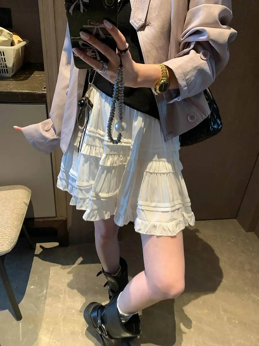 Sweet Korean Style Lace Loose Short Skirt White Tiered Ruffled Mini Skirt Elastic Waist Cute Casual Summer Skirt For Women EHAB