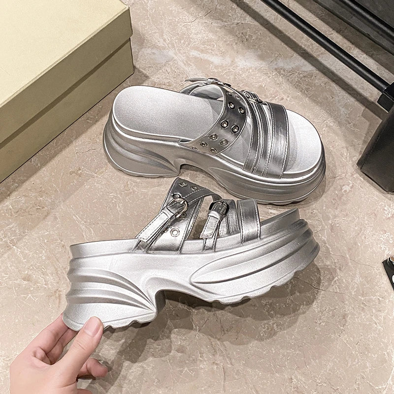 Summer Silver Chunky Platform Sandals Women Fashion Buckle Thick Bottom Slippers Woman Punk Wedges High Heels Sandalias Mujer