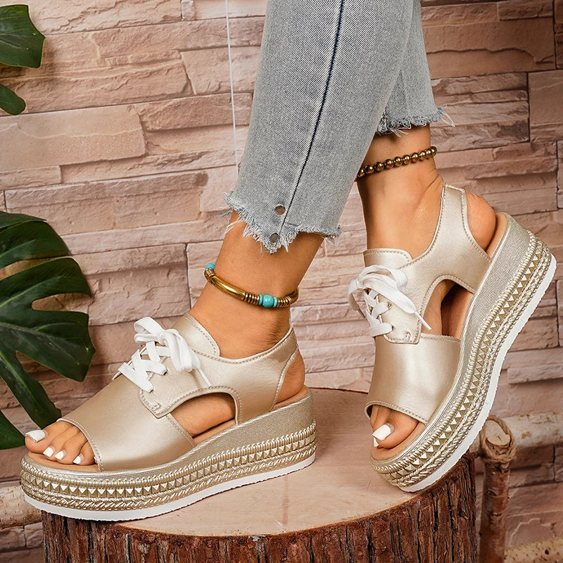 Plus Size Lace Up Chunky Platform Sandals Women 2026 Summer Peep Toe Wedges Sandals Woman Rivets Thick Bottom Gold Sandalias