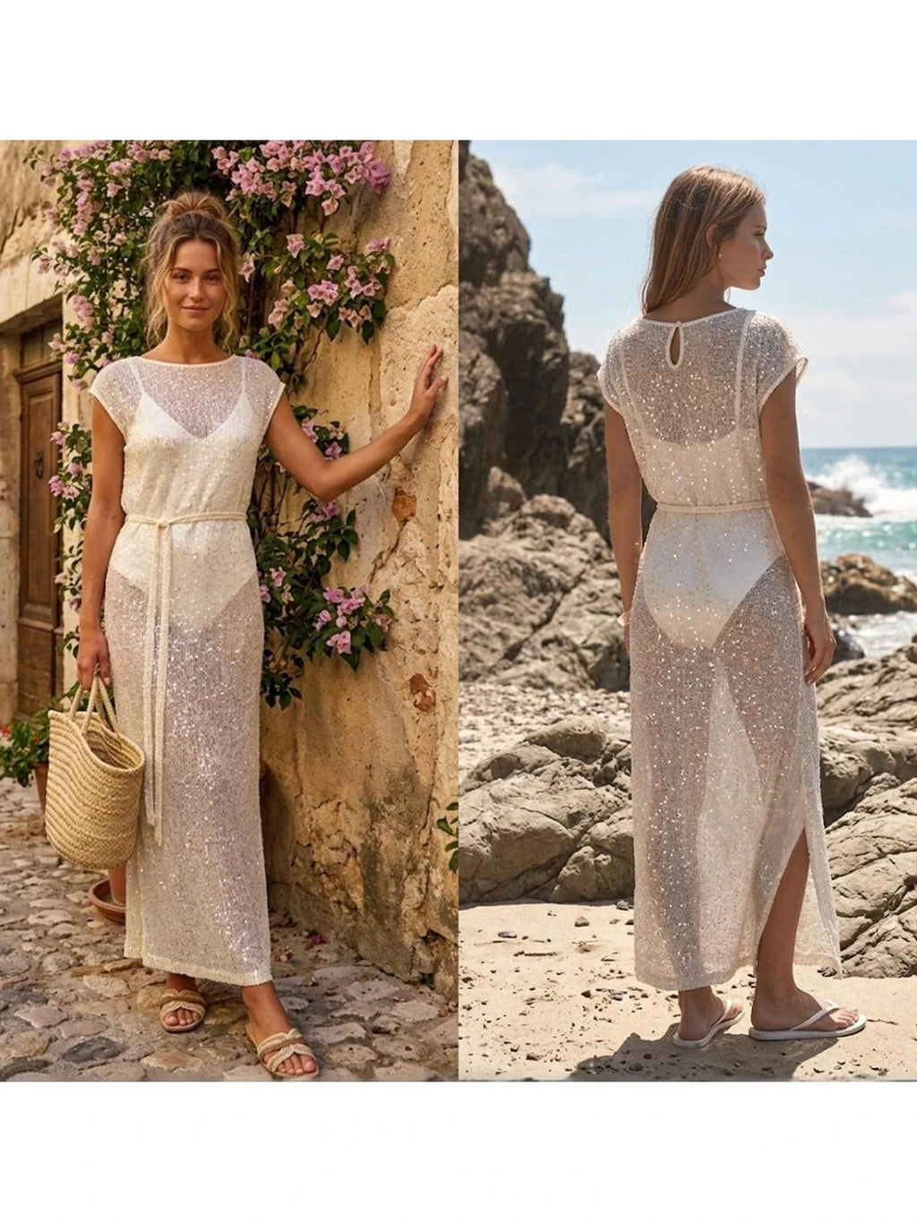 Women's Solid Color Knit Sheer Dress Summer Swim Cover Up Cap Sleeve Round Neck Sequin Dresses for Beach