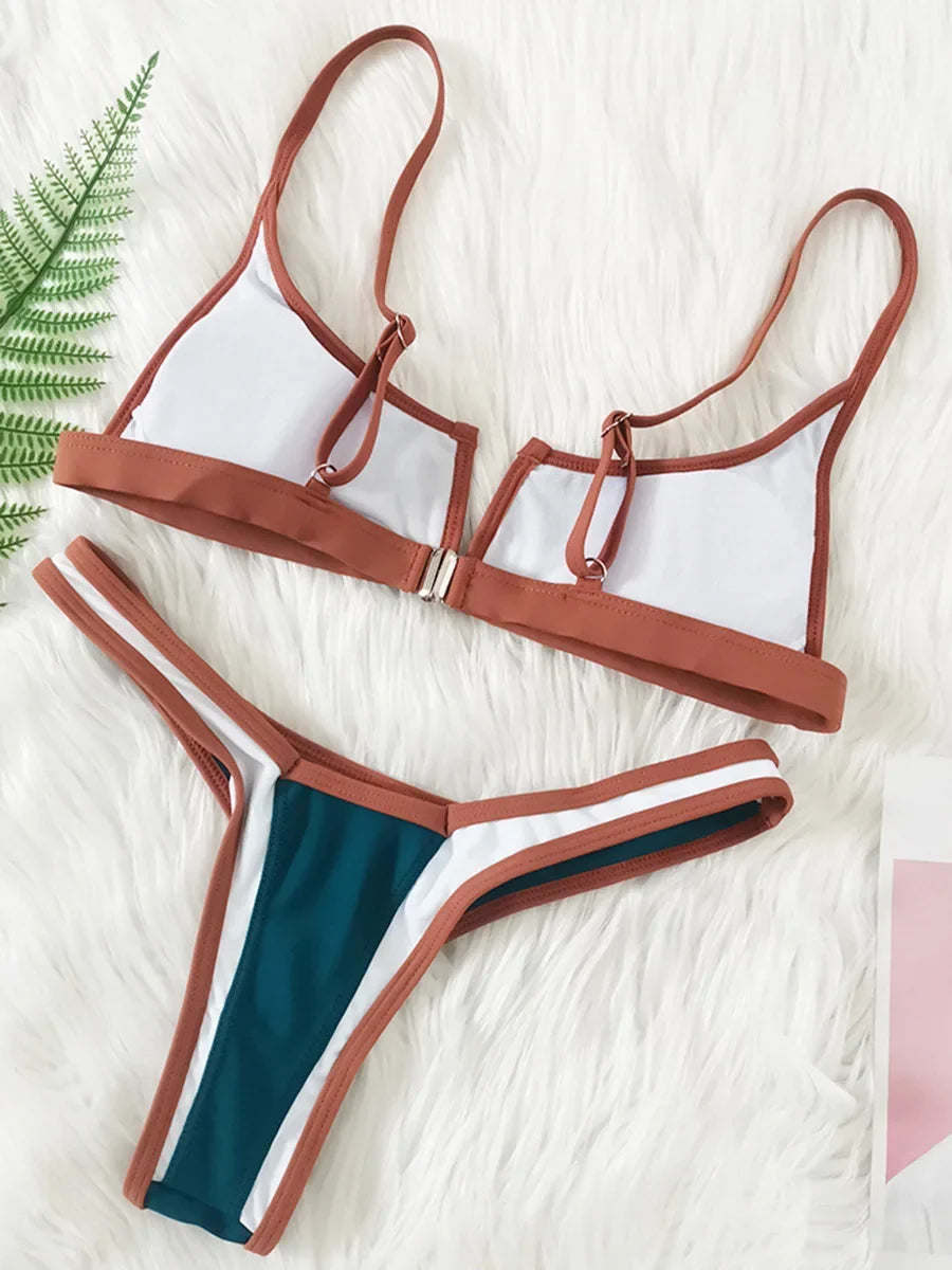 S - XL Splicing V Shaped Thong Bikini Women Swimsuit Female Swimwear Two Pieces Bikini Set Bather Push Up Bathing Suit Swim Lady