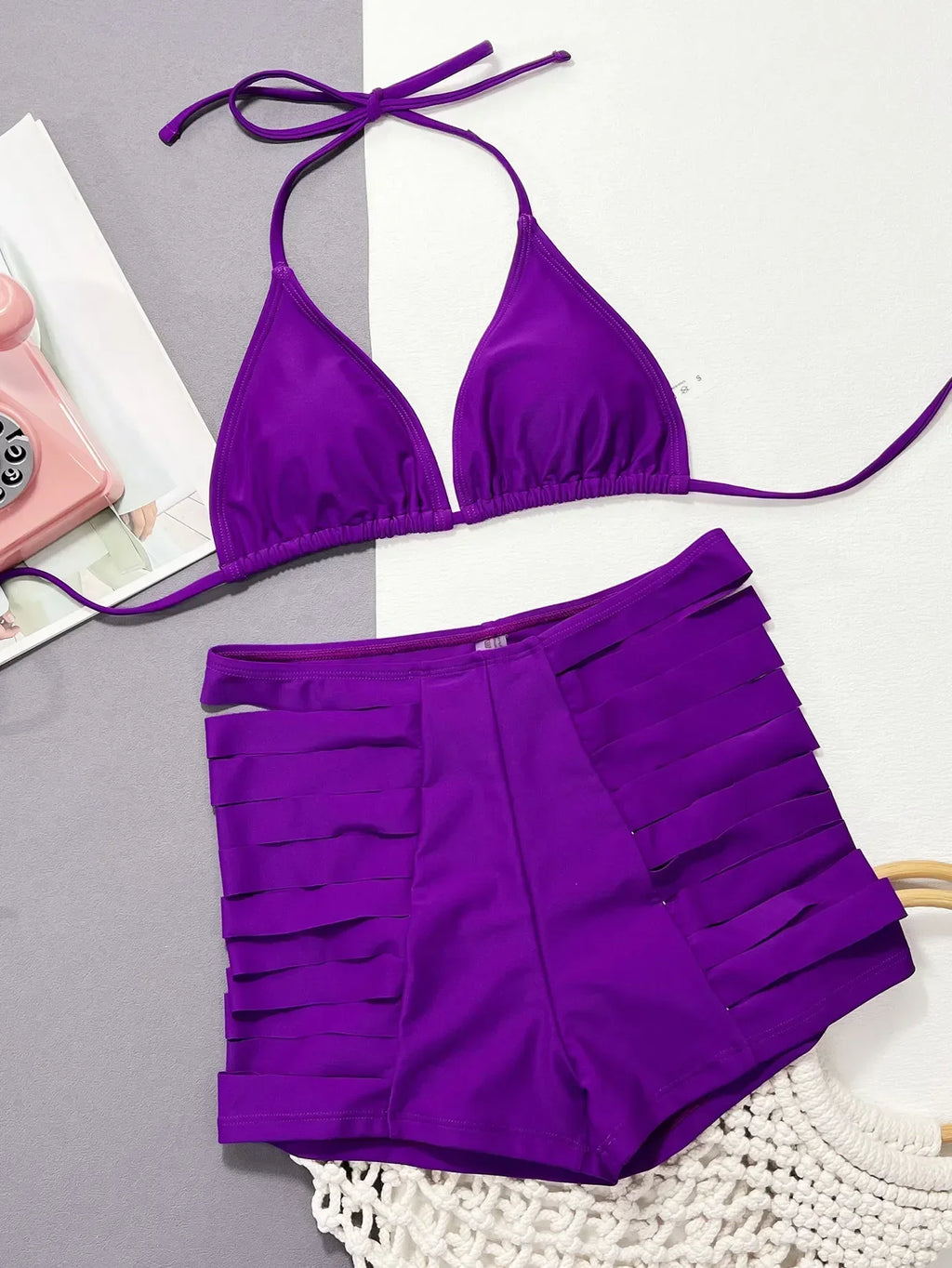 2026 Sexy Bikini Purple Hollow High Waist Halter Swimwear Swimsuit Women Bikinis Set Bathing Suit Beach Bikini Biquinis Feminino