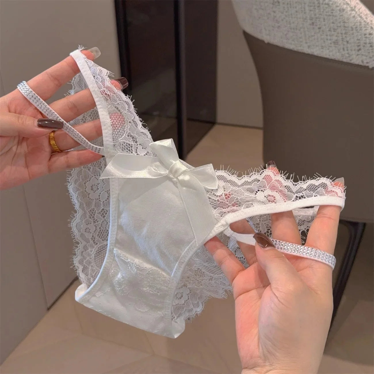 Rhinestones Girls Sexy G String Lace Panties Women Underwear Briefs Hollow Out Thong Transparent Lingerie Intimates