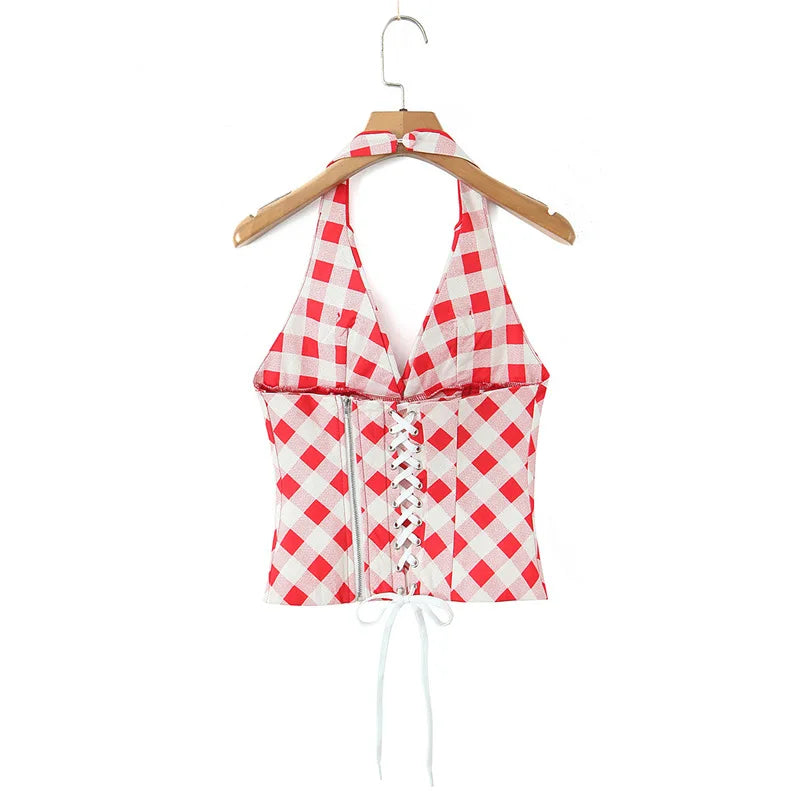 Spring And Summer New Style Sweet Red Plaid Unique Back Drawstring Top Halter Neck V-neck Sexy Slim-fit Tank Top Casual UH75