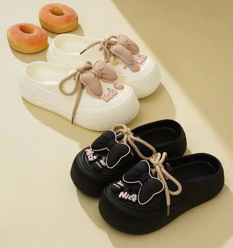2025 New Slippers DIY Bow Platform Sandals for Women Summer Thick Sole Beach Slides Woman Flowers Non Slip Clogs Garden Shoes